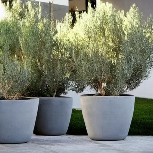 Image similar to creative concrete pots with seatings, olive trees, wpc decking on the floor