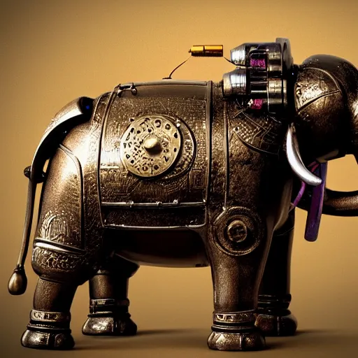 Prompt: a steampunk robotic elephant, dark background, super - detailed, photo - realistic,