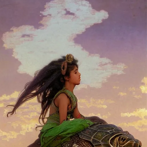 Prompt: a little warrior girl sitting on top of one giant turtle seen from a distance in the desert. the girl has dark skin and beautiful green eyes, realistic full body and a very beautiful detailed symmetrical face with long black hair. diffuse light, dramatic sky and landscape, fantasy illustration by mucha