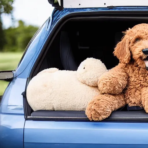 Image similar to A photo of a goldendoodle sleeping on the backseat of a car with a teddy bear next to it