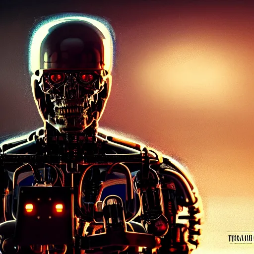 Image similar to portrait of T-800 Endoskeleton, future war, man vs machine, atmospheric lighting, painted, intricate, golden hour, ultra detailed by Leesha Hannigan, Ross Tran, Thierry Doizon, Kai Carpenter,Ignacio Fernández Ríos