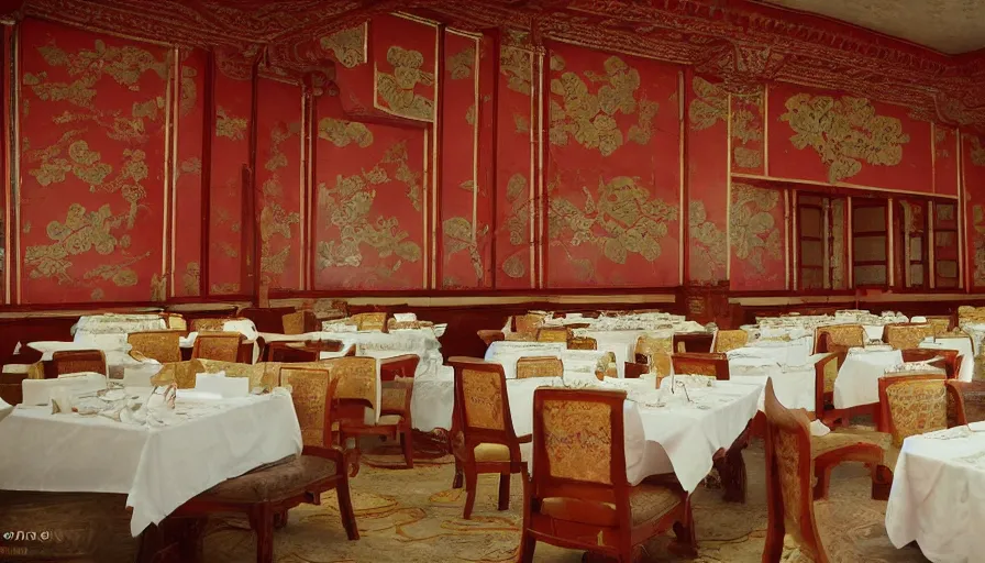 Image similar to 2010s movie still of empty north-korean royal restaurant palace post-stalinist style, eastmancolor, heavy grain, high quality, higly detailed