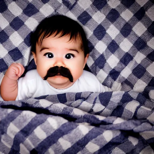 Image similar to baby with a full moustache laying on a blanket, photograph, depth of field, cute baby, olan mills, professional portrait photograph