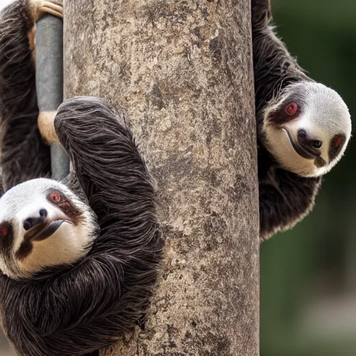 Image similar to sloth fighting a pigeon kung fu style standing, facing each other, aggressive sloth vs a muscled pigeon, best photo award, high quality 8 k, cinematic lighting