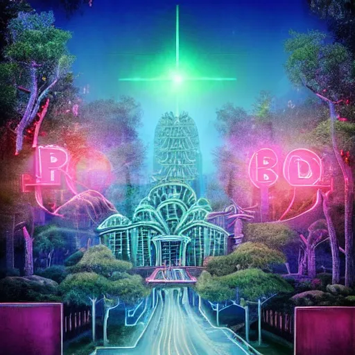 Image similar to mystical realistic poster with shaded lighting by arjun brooklyn radiant light, detailed and complex environment, solace, beautiful, utopic astral city in the sky with many buildings and temples reflecting an modern city on the ground with old growth pine trees, overlaid sacred geometry, with implied lines, gradient of hot pink and neon baby blue