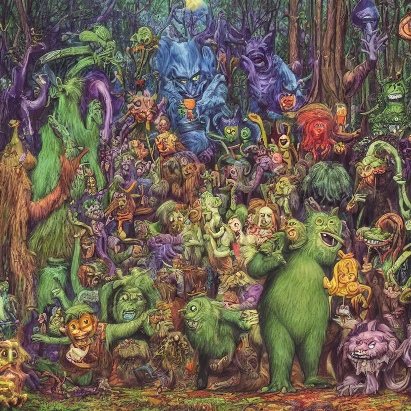 Image similar to a scene of colorful cartoon monsters in the clearing of a dark fantasy forest surrounded by darkness. hyperrealist illustration. muted colors. 1 9 7 0's pulp science fiction and fantasy cartoon for alice in wonderland and wizard of oz. highly detailed and richly colored painting by don ivan punchatz. trending on artstation