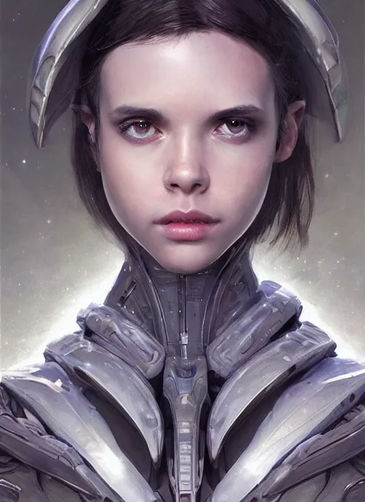 Image similar to a professional painting of a beautiful young female alien, clothed in ethereal armor, olive skin, long dark hair, beautiful bone structure, symmetrical facial features, intricate, elegant, digital painting, concept art, smooth, sharp focus, illustration, from Valerian and the City of a Thousand Planets, by Ruan Jia and Mandy Jurgens and Artgerm and William-Adolphe Bouguerea