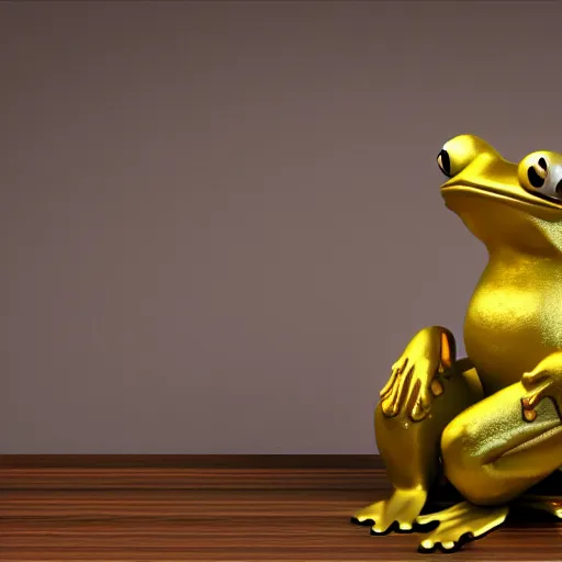 Image similar to octane render of an anthropomorphic golden frog sitting in a chair in an office, very detailed, very intricate, dslr,