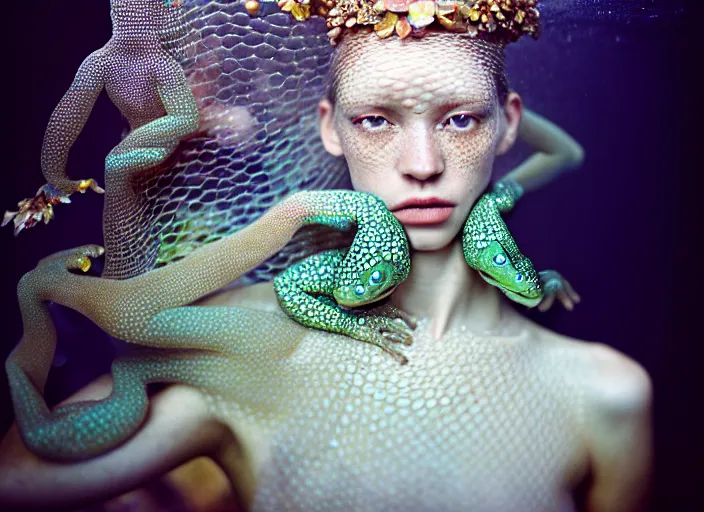 Image similar to kodak portra 4 0 0 photo portrait of a beautiful sirens floating in a crystal tank in style of tim walker, amphibian skin dress intricate detailed scales, 5 0 mm lens, f 2. 4, elegant, highly detailed, sharp focus, ethereal, out worldly colours, emotionally evoking, head in focus, soft blur light dreamy underwater, volumetric lighting, epic fantasy