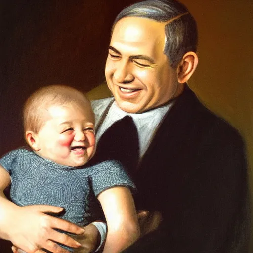 Prompt: a painting of benjamin netanyahu smiling as a baby being held by his parents, by caspar david