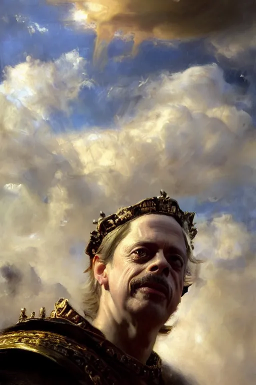 Image similar to beautiful detailed expressive impressionistic oil painting portrait of ancient roman god emperor steve buscemi ascending into the clouds wearing the civic crown, renaissance painting, art by anders zorn, wonderful masterpiece by greg rutkowski, expressive brush strokes, beautiful cinematic light, american romanticism by greg manchess, jessica rossier