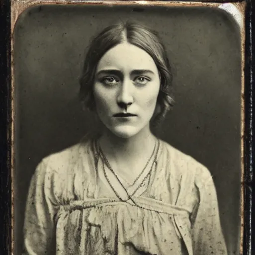 Image similar to Tintype photograph of Saoirse Ronan as a Irish ethnographic subject. 1920s studio lighting.