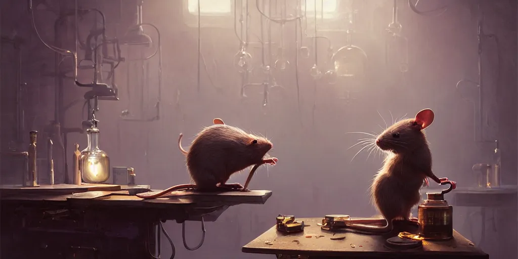 Image similar to rat sitting on a desk in a laboratory with lots of flasks filled with magic liquids and poisonous fog, stephen bliss, unreal engine, fantasy art by greg rutkowski, loish, rhads, ferdinand knab, ilya kuvshinov, rossdraws, tom bagshaw, global illumination, radiant soft light, detailed and intricate environment