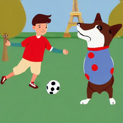 Image similar to illustration of french boy in paris playing football against a corgi who is wearing a polka dot scarf