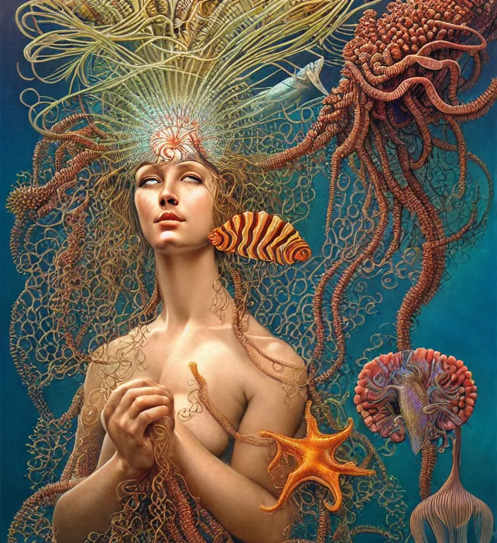 Prompt: realistic detailed underwater portrait of the goddess of the fish of the three times with an intricate headdress of corals, sea kelp, sea plants, fish, jellyfish, art by boris vallejo and ernst haeckel, face in focus in the middle, neo - gothic, gothic,