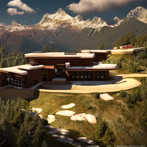 Prompt: alpine landscape with windy road and modern houses designed by frank lloyd wright scattered on the mountainsides, photo realism, dramatic lighting, from a dream, high quality digital art, unreal engine