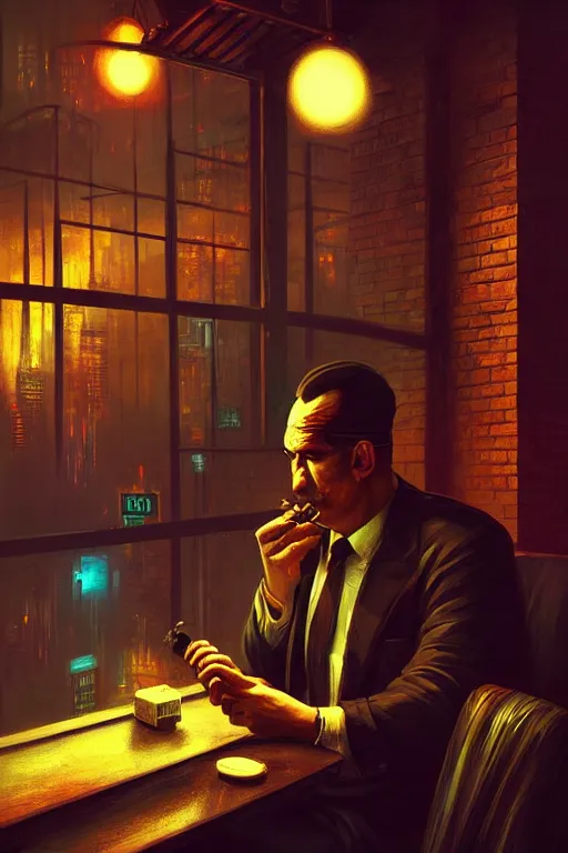 Image similar to A mafia boss lighting a cigar in a cyberpunk setting, by Evgeny Lushpin, dramatic lighting, high contrast colours, as trending on Artstation, highly detailed,