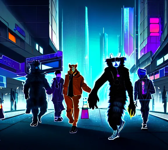 Image similar to high - resolution photograph from a cyberpunk era furry fandom convention ( midwest furfest 2 0 4 7 ), taking place after the genetic revolution and singularity. photorealistic.