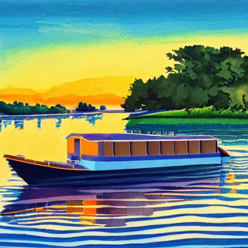 Image similar to artdeco river boat in the deep south, evening sun, intense lighting, hyper realistic, gouache