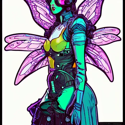 Prompt: Portrait of a cyberpunk fairy wearing cyberpunk clothes, fairy wings, retrowave, trending on artstation, very detailed, realistic, by Moebius, Laurie Greasley, Alphonse Mucha