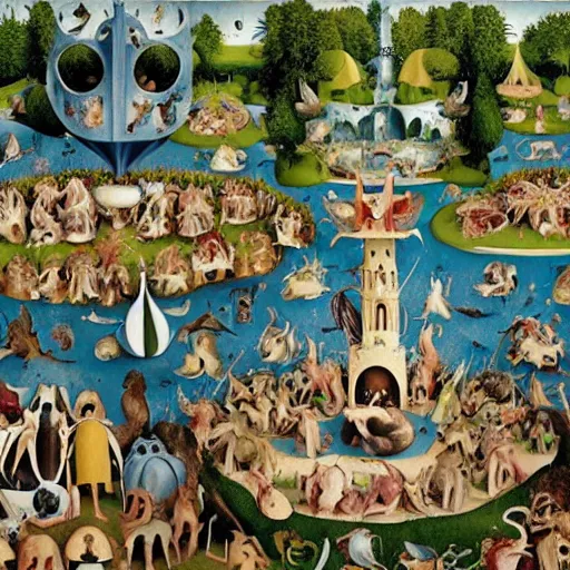 Image similar to a photorealistic details of a bosch garden of earthly delights taken by martin parr