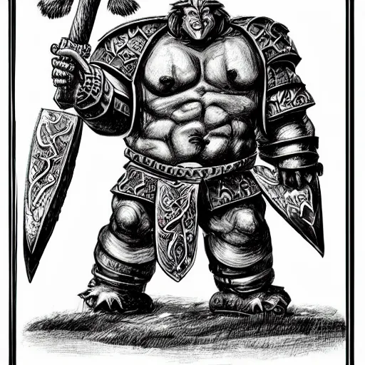 Image similar to ogre warrior wearing plated armor who is holding a battle axe in the style of warhammer fantasy : : head and torso drawing