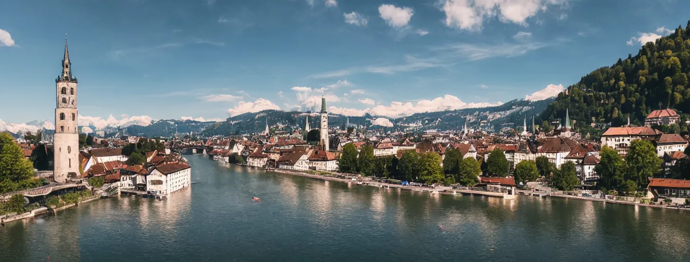 Image similar to Photo of Zurich, looking down the Limmat at the lake and the alps, Hardturm, Grossmünster, Lindenhof, Üetliberg, wide angle, volumetric light, hyperdetailed, light blue water, artstation, cgsociety, 8k