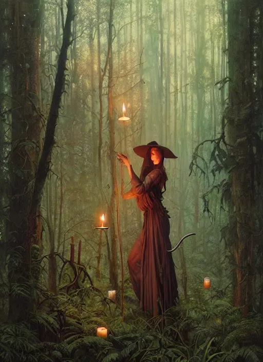 Image similar to a hyper realistic witch shrine, candles, in the woods, distant explosions, gorgeous lighting, lush forest foliage, painting by chiara bautista and tom bagshaw, mucha, beksinski and norman rockwell and greg rutkowski weta studio, and lucasfilm