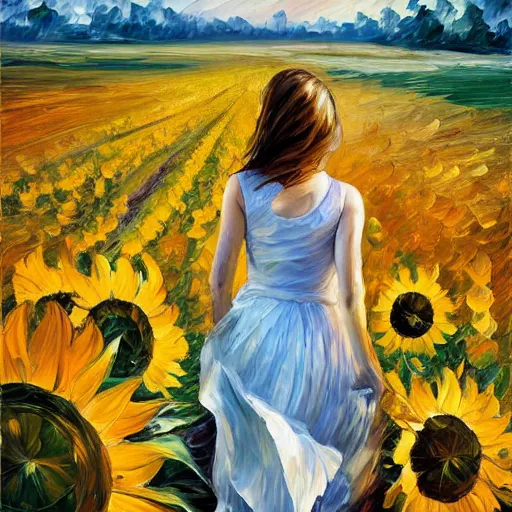 Image similar to a girl slowly walking through amazing tall sunflower field, her hair flowing down, subtle, intricate details, real masterpiece, oil on canvas, by leonid afremov