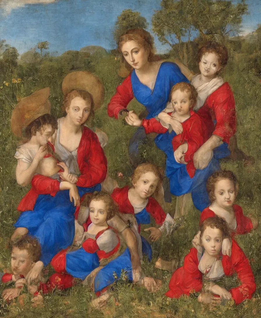 Prompt: Portrait of Madonna. In the Foreground is a Madonna with blue skirt and a red shirt and two boys playing in the style of Raffael. The boys are very small and only clothed with blue linen. They are sitting in a dried out meadow. One boy is playing with a cross. She is holding the other one back. Middleground is empty. On the horizon in the golden ratio, there is a lake with a town and mountains. Flat perspective.