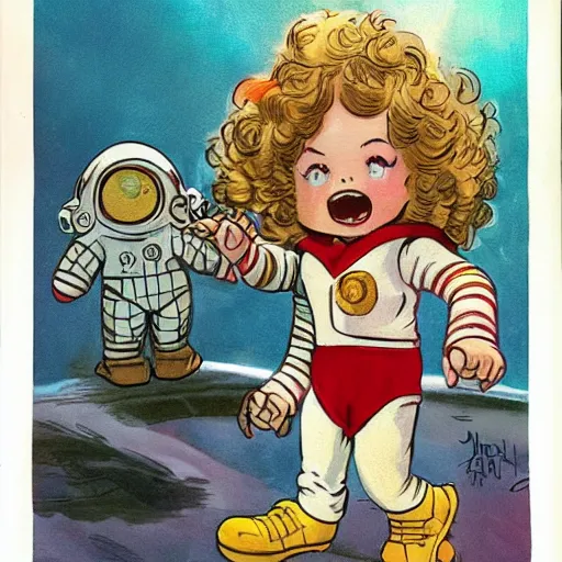 Prompt: a cute little girl with a mischievous face and short brown wavy curly hair. she is dressed as an astronaut. well composed, clean elegant painting, beautiful detailed face. comic book art by steve ditko and jack kirby and ( greg rutkowski )