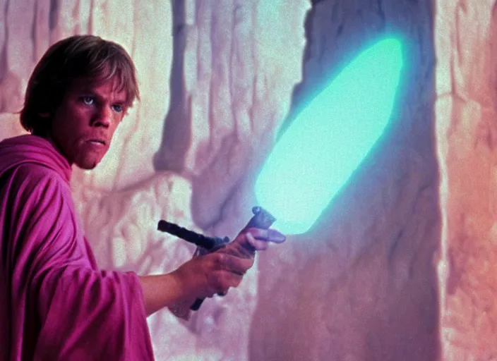 Image similar to screenshot of Luke skywalker uncovering the glowing ancient jedi texts. a pink hazy ethereal ancient Jedi cathedral, screenshot from the 1970s thriller directed by stanley kubrick, Photographed with Leica Summilux-M 24 mm lens, ISO 100, f/8, Portra 400, kodak film, anamorphic lenses