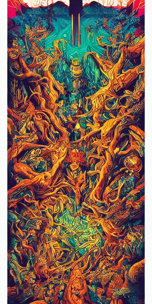 Image similar to five piece rock band poster, pine tree, psychedelic intricate highly detailed symmetrical, cinematic movie screen printing poster colorful and vivid pattern, by Artgerm, Darius Zawadzki, James Jean and Moebius, Artstation trending