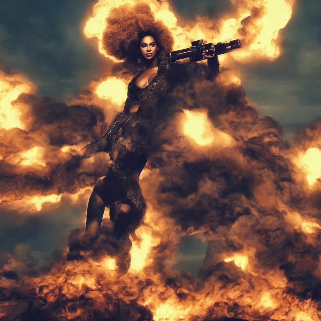 Prompt: beyonce with a afro hair style riding a hellfire missile, cinematic framing, cinematic lighting, hdr, gritty, movie still, 4k, 70s psychedelic style