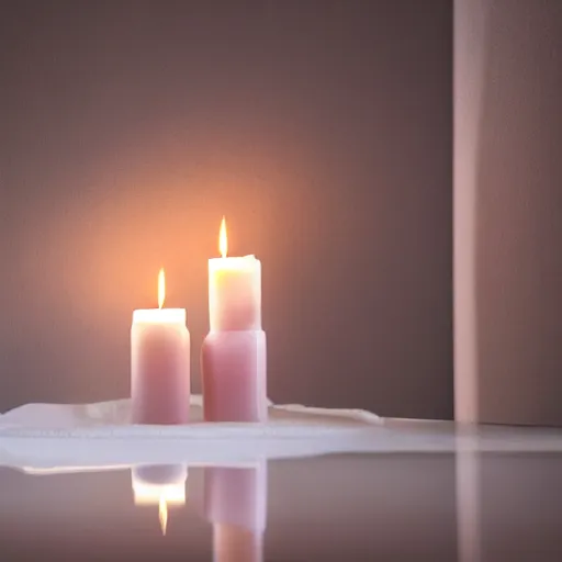 Image similar to beautiful glowing candle - lit zen minimalst modern bathroom coverd in rose petals, warmly lit