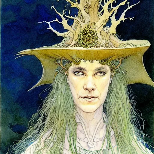 Image similar to a beautiful and very detailed character concept watercolour portrait painting by alan lee, rebecca guay, michael kaluta, charles vess and jean moebius giraud of a sanna marin, the prime minister of finland as a druidic wizard