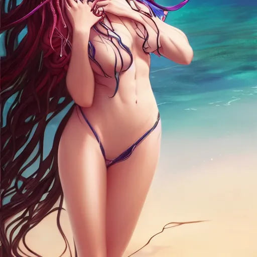 Prompt: a very beautiful anime succubus, full body, long braided curly blonde hair, twisted braids, golden watery eyes, full round face, short smile, pale pink bikini, serene beach setting, cinematic lightning, medium shot, mid-shot, highly detailed, trending on artstation, Unreal Engine 4k, cinematic wallpaper by Stanley Artgerm Lau, WLOP, Rossdraws, James Jean, Andrei Riabovitchev, Marc Simonetti, and Sakimichan