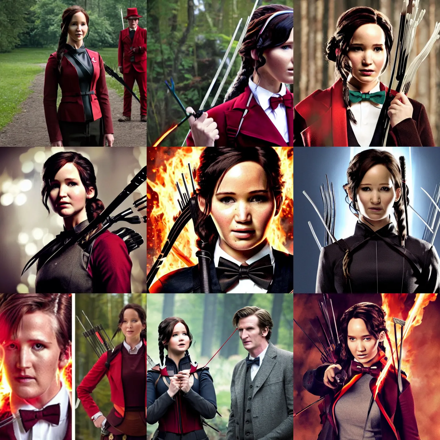 Prompt: Katniss Everdeen dressed as the 11th Doctor from Doctor Who,, wearing a bow tie and fez, promotional image from the BBC