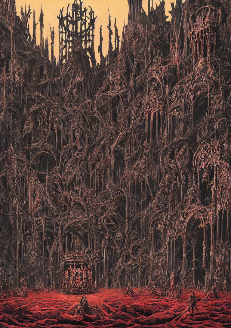 Image similar to matte painting of a gothic throne room, centered on a huge throne of bones and flesh, abominations are kneeling in front of the throne, dying humans are nailed to the walls, red tones, josan gonzales and moebius and enki bilal and and dan mumford and jean claude meziere and philippe druilleg