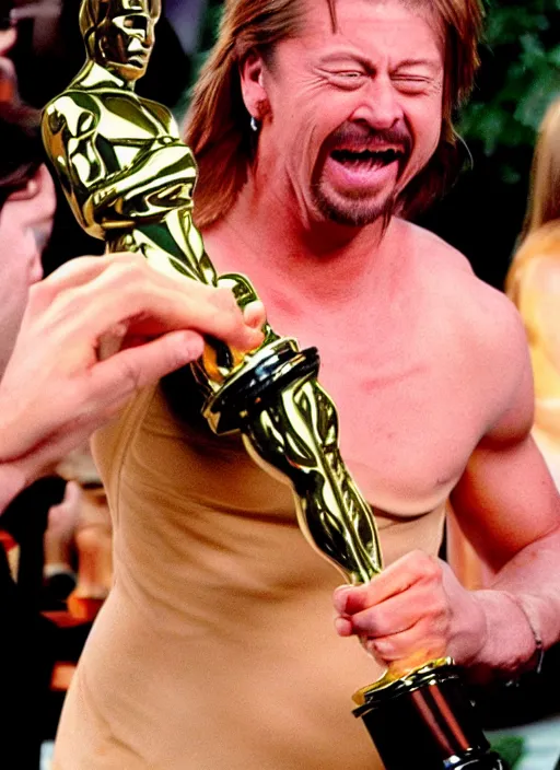 Image similar to a hyper realistic ultra realistic photograph of Joe Dirt winning an oscar, highly detailed, 8k photograph, real