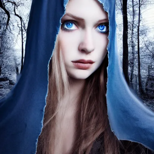 Prompt: cloaked maiden with blue eyes and a beautiful model face in a dark and creepy forest