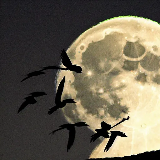 Prompt: crows fly under the moon