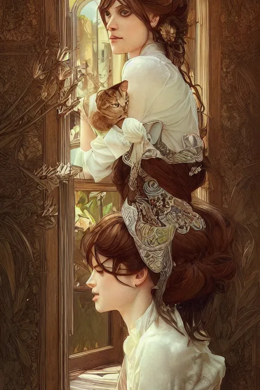 Image similar to cottagecore appartment with 100 cats playing inside, beautiful Hair, studio gibly, intricate, elegant, highly detailed, digital painting, artstation, concept art, smooth, sharp, focus, illustration, art by artgerm and greg rutkowski and alphonse mucha