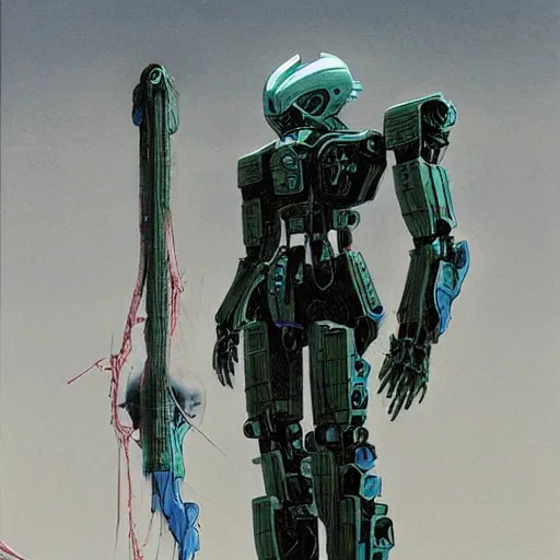 Prompt: a sleek, slender mecha suit defending the city, designed by hideaki anno, drawn by tsutomu nihei, and painted by zdzislaw beksinski