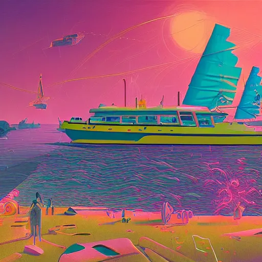 Image similar to psychedelic yacht party by simon stalenhag