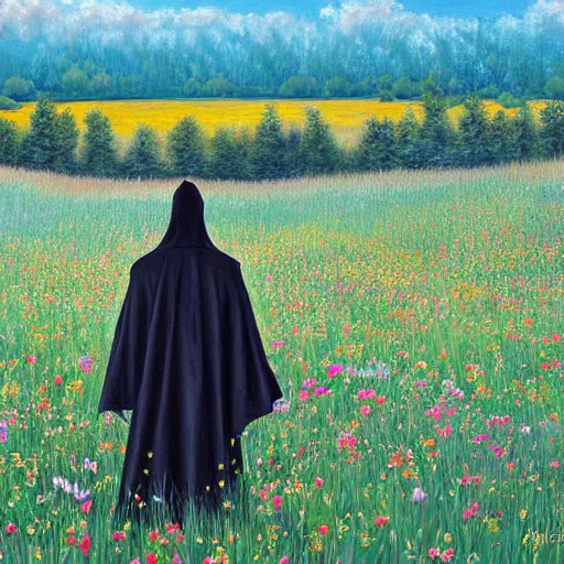 Prompt: grim reaper with no face standing in distance in beautiful meadow of flowers, detailed painting by alex gray