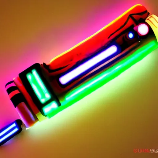 Image similar to an extremely high quality photo of a surreal neon-lightsaber-sandwich, ((sandwich)) creation, a hybrid mixture of lightsabersandwich filled with lightsaber neons and sandwichlightsaberneontube patties, neon tubesauce drizzled, lightsaber lettuce, glowing sandwich, promotional photo, 4k polymer clay food photography