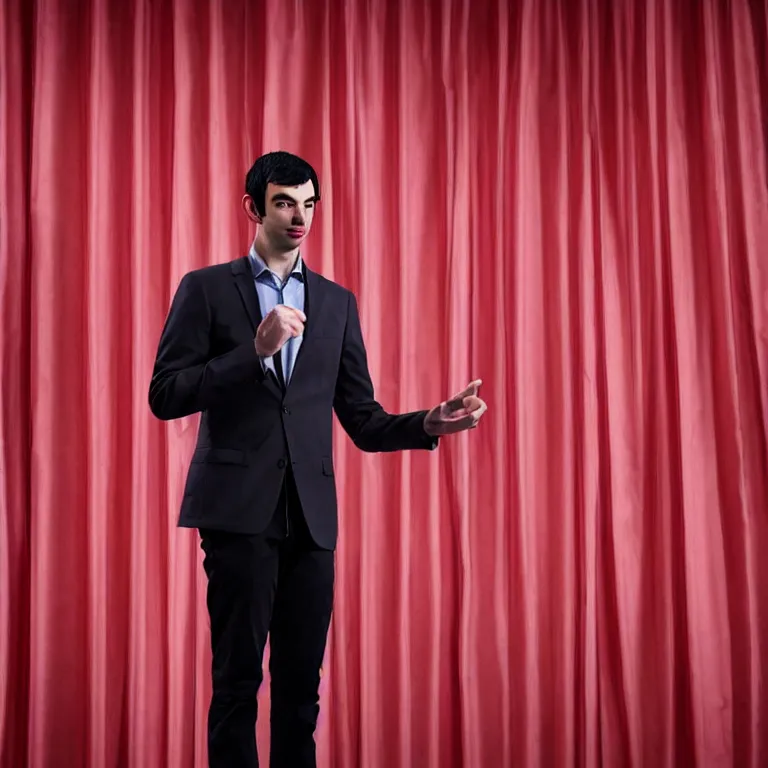 Prompt: focused dslr close - up photograph of single nathan fielder from nathan for you on comedy central on a stage with a red curtain, portrait, in front of hundreds of fielder clones, meta, fractal, trippy, high detail!!! 8 k!!!!, photorealism!!!, sharp focus!!! coherent!!!