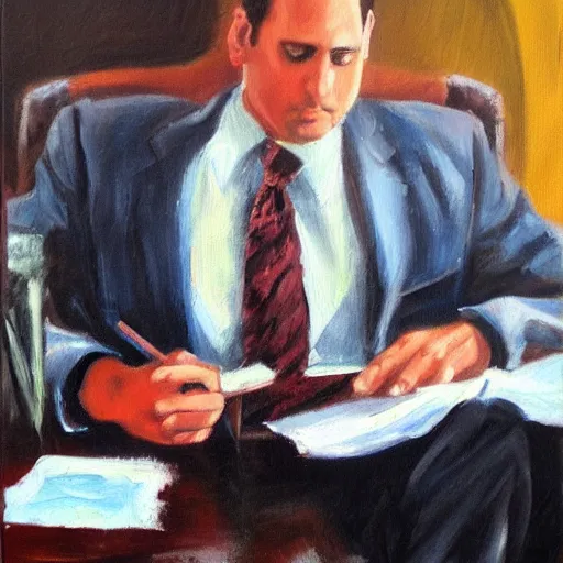 Prompt: Michael Scott working on papers, oil painting