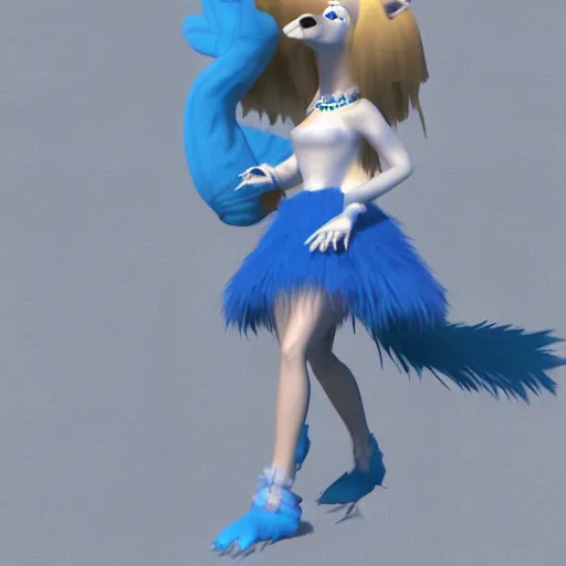 Image similar to 3 d render, well toned, large and tall, female, anthropomorphic wolf with a short snout, furless, blue scales with white spots, icey blue dress, blue scales covering her chest.